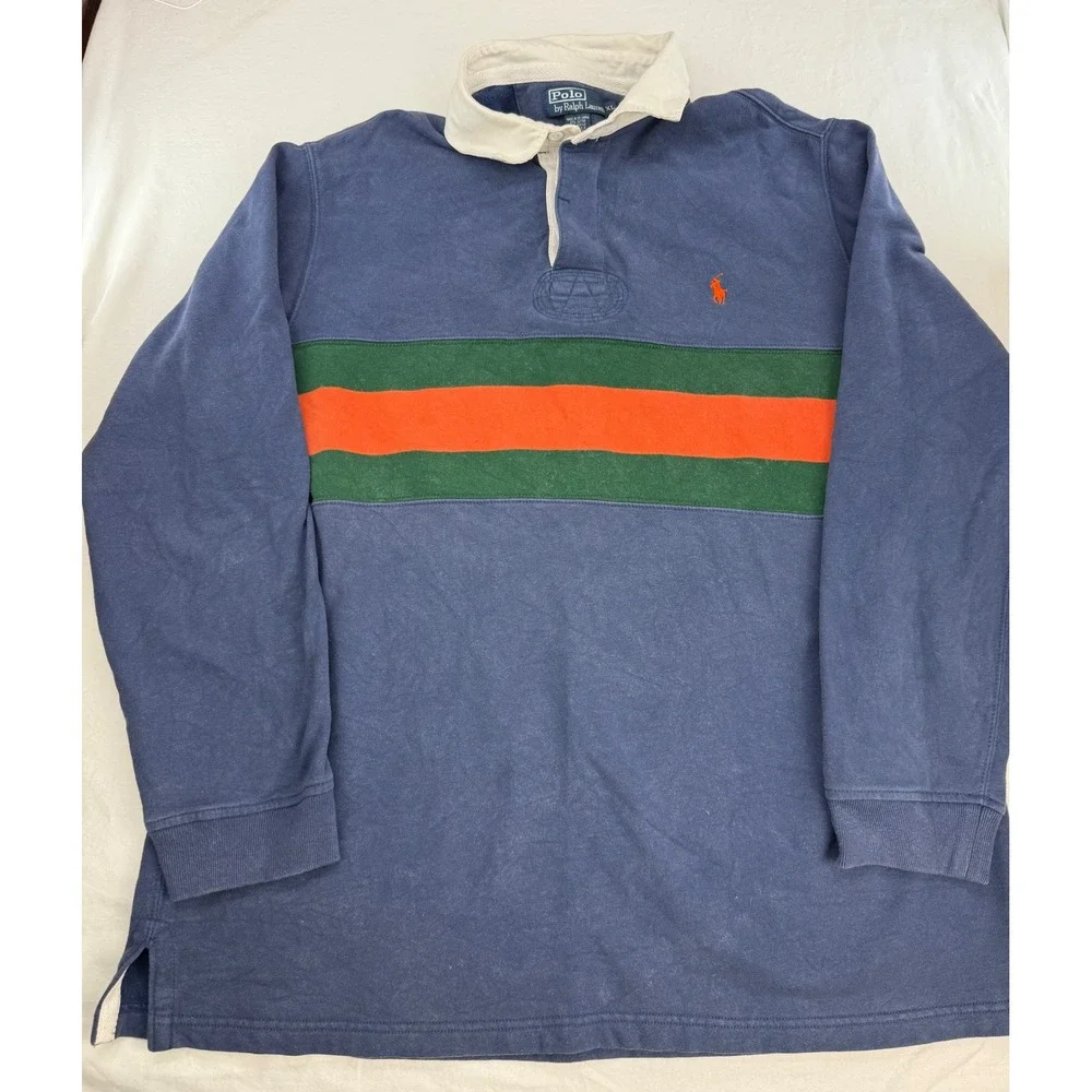 Polo Ralph Lauren Mens XL Rugby Shirt Long Sleeve Navy Blue Green Orange Stripe